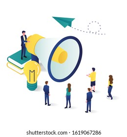 Flat design 3d isometric public speaking with loudspeaker talking to crowd.perfect for website illustration or apps. Megaphone alert promotion vector graphic template.