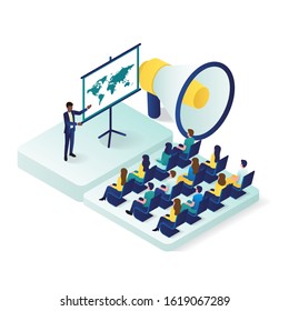 Flat design 3d isometric public speaking with loudspeaker talking to crowd.perfect for website illustration or apps. Megaphone alert promotion vector graphic template.