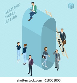 Flat design 3d light isometric typeface letters decorated with office workplace scenes, working, communicating, acting people, sitting and standing, front and back view. Letter O