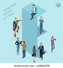 Flat design 3d light isometric typeface letters decorated with office workplace scenes, working, communicating, acting people, sitting and standing, front and back view. Letter E