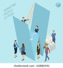 Flat design 3d light isometric typeface letters decorated with office workplace scenes, working, communicating, acting people, sitting and standing, front and back view. Letter W