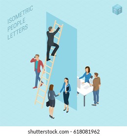 Flat design 3d light isometric typeface letters decorated with office workplace scenes, working, communicating, acting people, sitting and standing, front and back view. Letter I