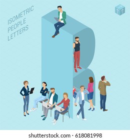 Flat design 3d light isometric typeface letters decorated with office workplace scenes, working, communicating, acting people, sitting and standing, front and back view. Letter R