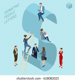 Flat design 3d light isometric typeface letters decorated with office workplace scenes, working, communicating, acting people, sitting and standing, front and back view. Letter S