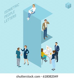 Flat design 3d light isometric typeface letters decorated with office workplace scenes, working, communicating, acting people, sitting and standing, front and back view. Letter F