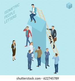 Flat design 3d light isometric typeface numbers decorated with office workplace scenes, working, communicating, acting people, sitting and standing, front and back view. Figure one


