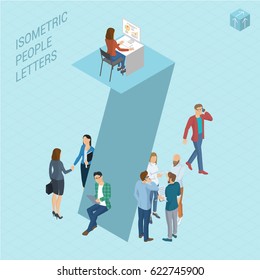 Flat design 3d light isometric typeface numbers decorated with office workplace scenes, working, communicating, acting people, sitting and standing, front and back view. Figure seven
