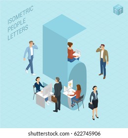 Diseño plano 3d números de tipo isométrico luminoso decorados con escenas de oficina en el lugar de trabajo, trabajando, comunicando, actuando personas, sentadas y de pie, vista frontal y trasera. Figura cinco