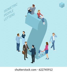 Flat design 3d light isometric typeface numbers decorated with office workplace scenes, working, communicating, acting people, sitting and standing, front and back view. Figure two
