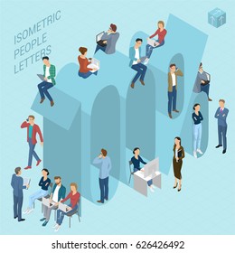 Flat Design 3d Light Isometric Typeface Numbers Decorated With Office Workplace Scenes, Working, Communicating, Acting People, Sitting And Standing, Front And Back View. 100 Percent