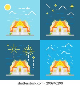 Flat design 4 style of Thai temple Thailand illustration vector