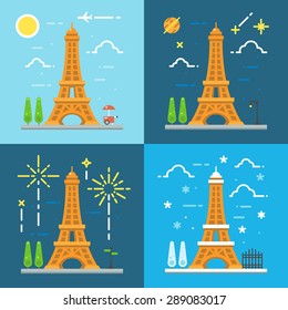 Flat design 4 styles of Eiffel tower Paris France illustration vector