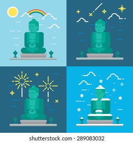 Flat design 4 styles of Kamakura Buddha Kanagawa Japan illustration vector