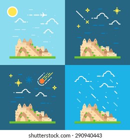 Flat Design 4 Styles Of Machu Picchu Peru Illustration Vector