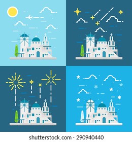 Flat design 4 styles of Santorini village Greece illustration vector