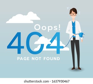 Flat design of 404 Error page not found. Page with doctor hold plug. Isolated vector illustration.
