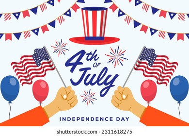 flat design 4th of july celebration background illustration with hands and flags