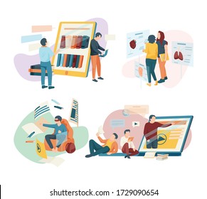Flat design 4x1 icons set with students using modern gadgets for learning isolated vector illustration