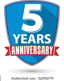 Flat design 5 years anniversary label with red ribbon, vector illustration