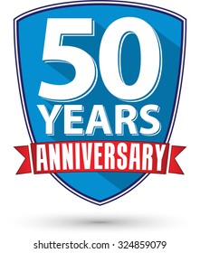 Flat design 50 year anniversary label with red ribbon, vector illustration