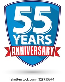 Flat design 55 years anniversary label with red ribbon, vector illustration