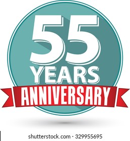 Flat design 55 years anniversary label with red ribbon, vector illustration