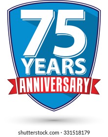 Flat design 75 years anniversary label with red ribbon, vector illustration