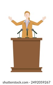 Flat design of 8 heads and bodies, Caucasian female businessman giving a speech on a podium, presentation.