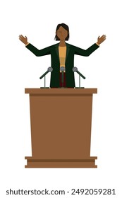 Flat design of 8 heads and bodies, black female businessman giving a speech on a podium, presentation.