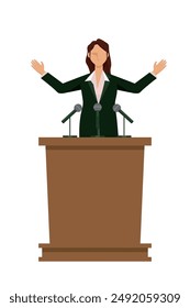Flat design of 8 heads and bodies, Japanese female businessman giving a speech on a podium, presentation.