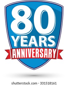 Flat design 80 years anniversary label with red ribbon, vector illustration