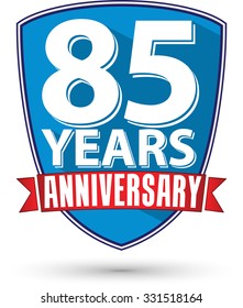 Flat design 85 years anniversary label with red ribbon, vector illustration