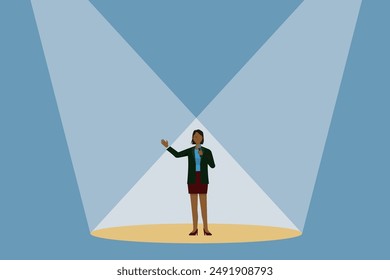 Flat design of 8-head-body proportions of a black female businessman standing on stage in a spotlight performance illustration.