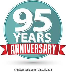 Flat design 95 years anniversary label with red ribbon, vector illustration