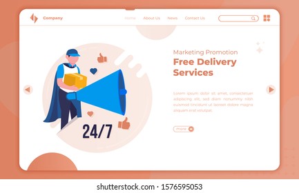 Flat design about free delivery service on online shopping with landing page template