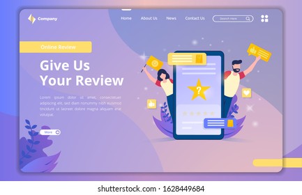 Flat design about giving us a review on landing page template