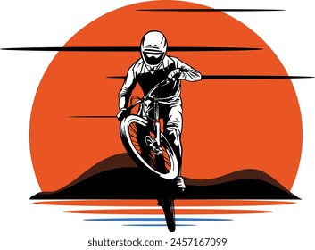 flat design about mountain biking with a round sun as a background.