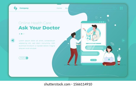 Flat Design About Online Health Care Or Ask Your Doctor On Landing Page Template