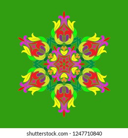 Flat design with abstract multicolored snowflakes isolated on green background. Vector Snowflakes mandala. Vector illustration.