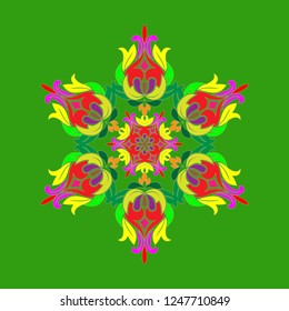 Flat design with abstract multicolored snowflakes isolated on green background. Vector Snowflakes mandala. Vector illustration.