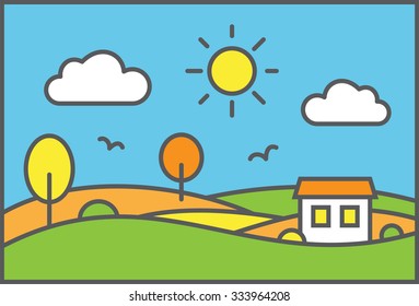 Flat design of abstract rural landscape with meadow field and small house