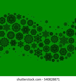 Flat design with abstract snowflakes isolated on green background. Vector snowflakes background. Snowflakes pattern. Snowflake seamless pattern.