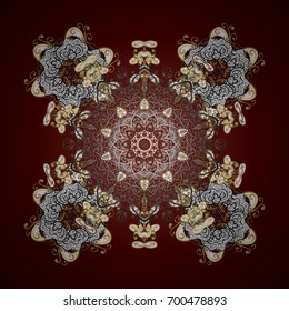 Flat design with abstract snowflakes isolated on red background. Vector illustration. Snowflake ornamental pattern. Snowflakes pattern. Snowflakes background.