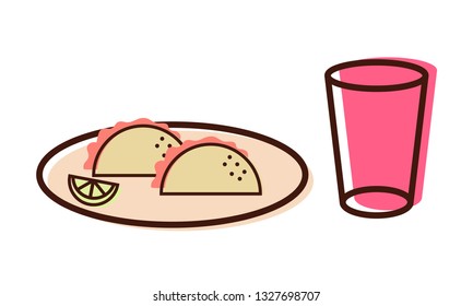 Flat Design, Abstract, Tacos, Water Glass, Mexican Food, Vector Illustration