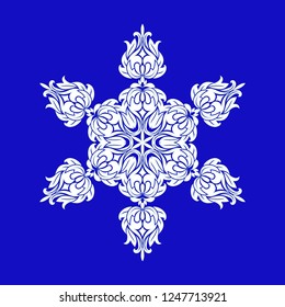 Flat design with abstract white snowflakes isolated on blue background. Vector Snowflakes mandala. Vector illustration.