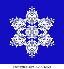 Flat design with abstract white snowflakes isolated on blue background. Vector Snowflakes mandala. Vector illustration.