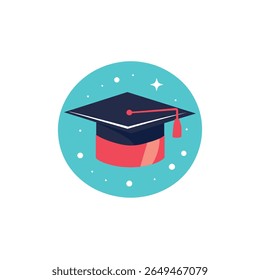 Flat design academic mortarboard, dark blue square cap with a red tassel on a blue round shape, symbolizes accomplishment and education.