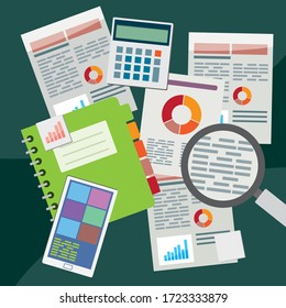 Flaches Design mit Rechnungslegungsunterlagen und Finanzberichten - Vektorgrafik