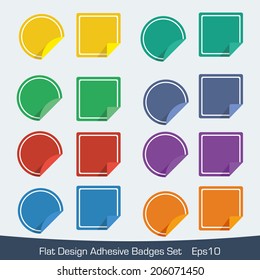 Flat Design Adhesive Badges Set in different colors and two Shapes