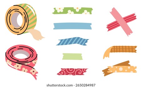 Conjunto de fitas adesivas de design plano com peças cortadas no fundo branco. Escritório e escola de papelaria para empacotamento, artesanato e projetos DIY. Perfeito para adesivos, design de planejadores, conteúdo de mídia social